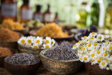 Natural remedy,Herbal medicine and wooden table background