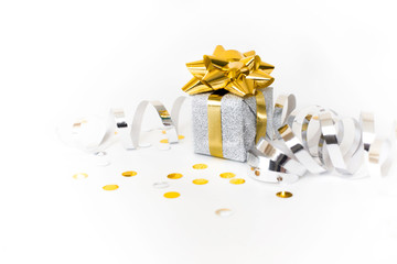 Christmas banner. Xmas silver gifts box with gold bows, white background. Horizontal poster, greeting card, headers, website. Decoration objects.