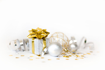 Christmas banner. Xmas silver gifts box with gold bows, white background. Horizontal poster, greeting card, headers, website. Decoration objects.
