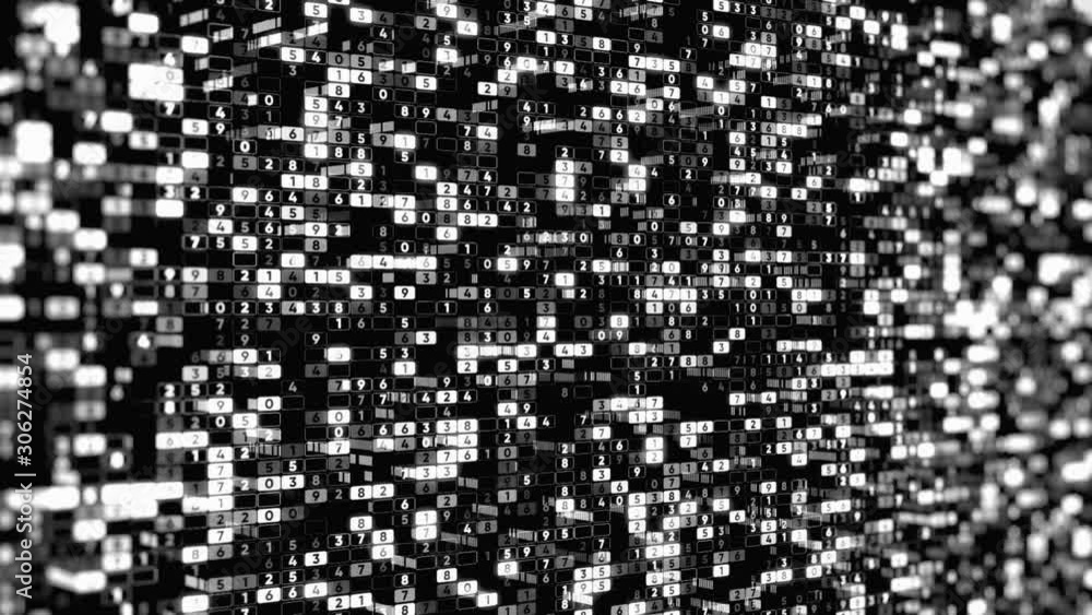 Poster abstract animation of columns with white digits changing their values on the black background. anima