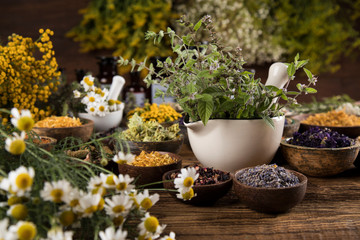 Herbs medicine and vintage wooden background