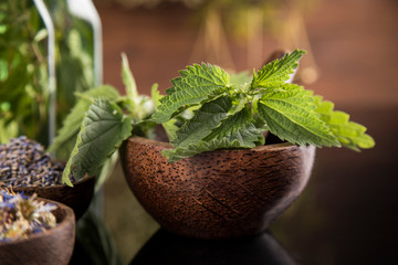 Alternative health, fresh herbal and mortar in black mirror background