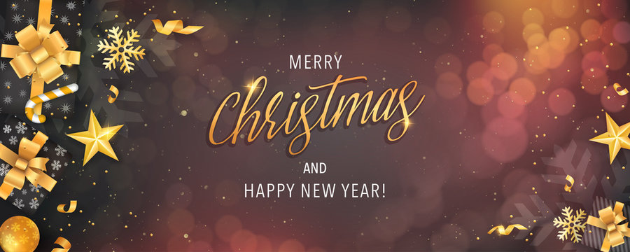 Merry Christmas and Happy New Year bokeh background with gold glitter elements and calligraphy