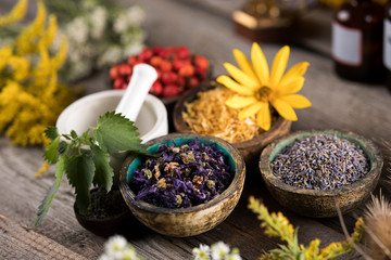 Natural remedy,Herbal medicine and wooden table background