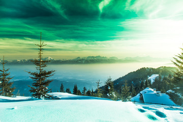 Sunset over the mountains, winter landscape