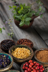 Natural remedy,Herbal medicine and wooden table background