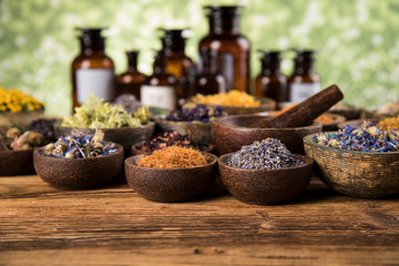 Natural remedy,Herbal medicine and wooden table background