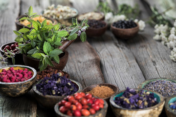 Herbs medicine and vintage wooden background