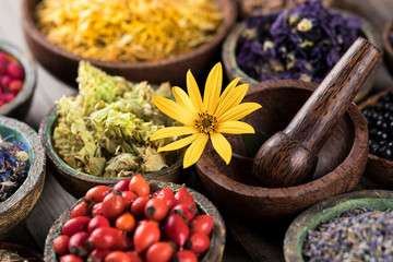 Herbs medicine and vintage wooden background