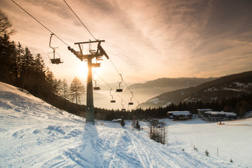 Fototapeta premium Cableway, winter nature landscape, amazing mountain view