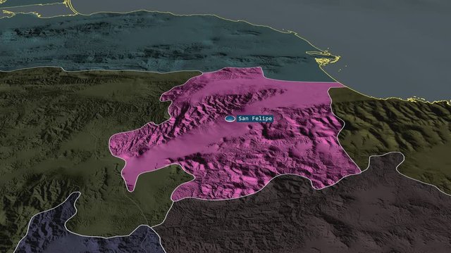 Yaracuy - state of Venezuela with its capital zoomed on the administrative map of the globe. Animation 3D