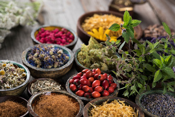 Natural remedy,Herbal medicine and wooden table background