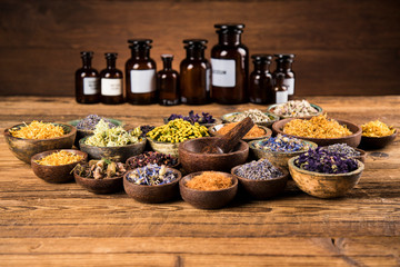 Natural remedy,Herbal medicine and wooden table background