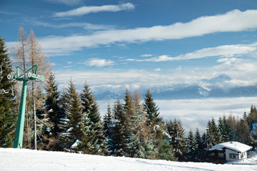 Cableway in Mountains, winter nature landscape