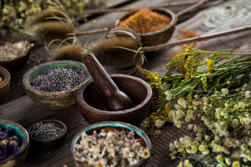 Natural remedy,Herbal medicine and wooden table background
