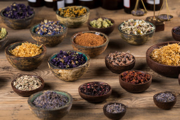 Natural remedy, healing herbs background