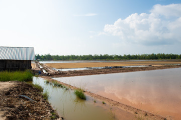 Naklua or salt farm on blue sky background at Chanthaburi Province,Thailand.