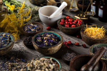 Herbs medicine and vintage wooden background