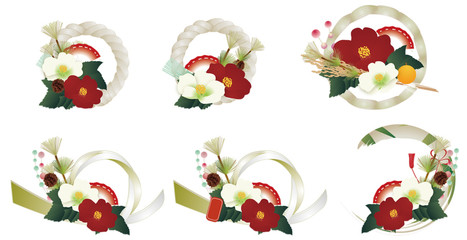 椿の花と縁起物小物のお正月飾りイラストセット