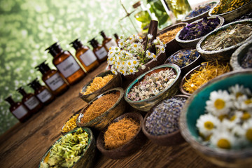 Natural remedy,Herbal medicine and wooden table background
