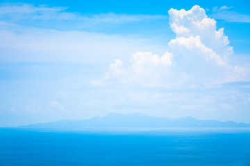 Background Texture of Ocean Skyline with Tropical Beach against Blue Sky and White Clouds in Summer Sunny Day