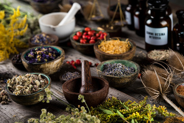 Natural remedy,Herbal medicine and wooden table background