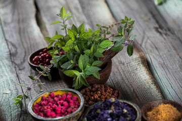 Natural remedy,Herbal medicine and wooden table background