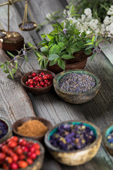 Natural remedy,Herbal medicine and wooden table background