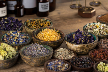 Natural remedy, healing herbs background