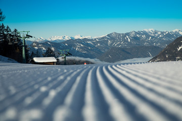 View of mountains and ski slopes