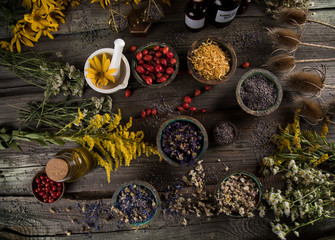 Herbs medicine and vintage wooden background