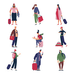 Fototapeta na wymiar Set of Diverse People with Luggage and Maps Traveling. Male, Female Tourist Characters Staying at Night, Accommodation for Travelers. Cartoon Flat Vector Illustration.