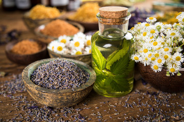 Obraz na płótnie Canvas Fresh herbs and oils, wooden table background