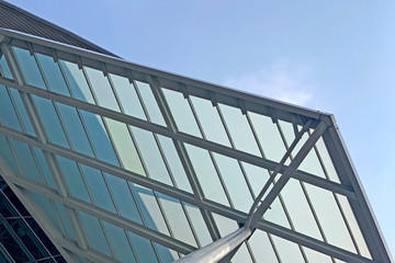 exterior roof top part of modern exhibition center building in Hong Kong city.