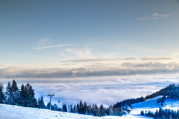 Fototapeta premium Fantastic winter landscape, sunset, snow covered trees