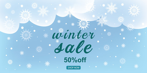 Winter banner for sales. Web Lettering. Vector banner in cartoon style with clouds and snowflakes
