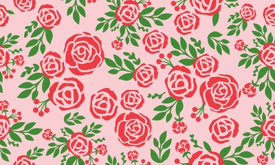 Gordijnen Seamless wallpaper floral pattern with design red rose flower background. © StockFloral
