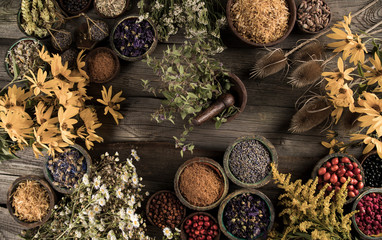 Natural remedy,Herbal medicine and wooden table background
