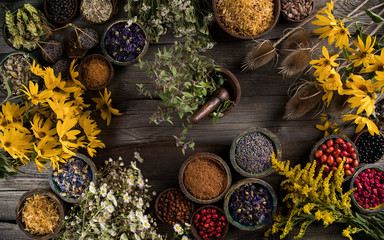 Herbs medicine and vintage wooden background