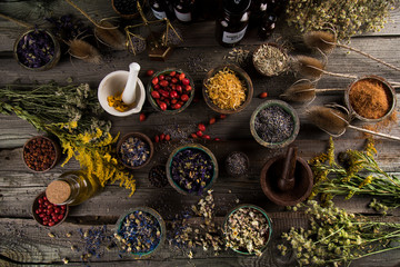 Natural remedy,Herbal medicine and wooden table background