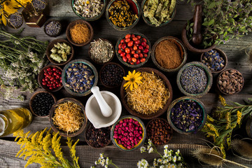 Herbs medicine and vintage wooden background