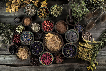 Natural remedy,Herbal medicine and wooden table background