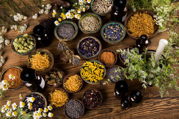 Fototapeta na wymiar Natural remedy, healing herbs background