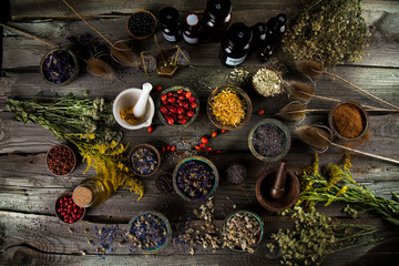 Natural remedy, healing herbs background