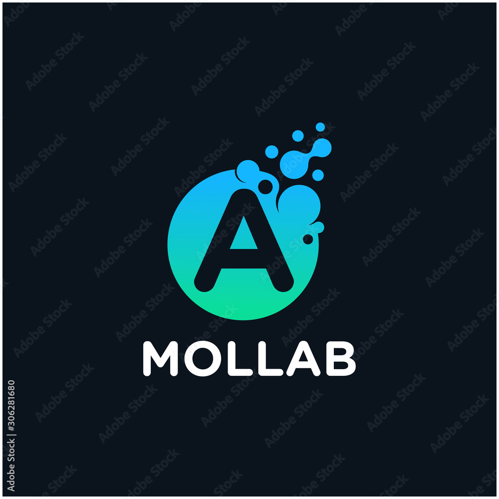 Poster initial letter a with molecule element. lab logo design concept. design vector with dots and bubbles