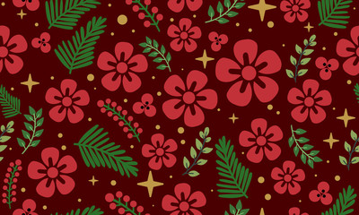 Bright red flower, foliage, style floral pattern background.