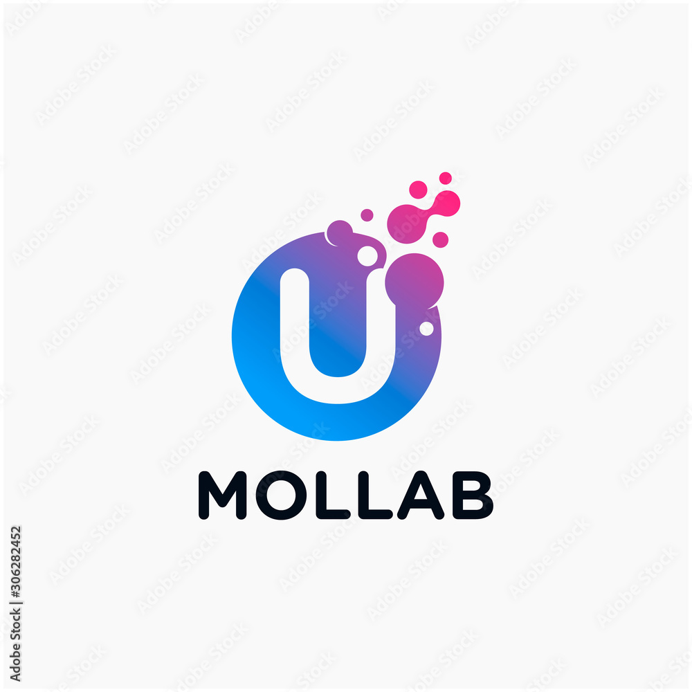 Poster initial letter u with molecule element. lab logo design concept. design vector with dots and bubbles