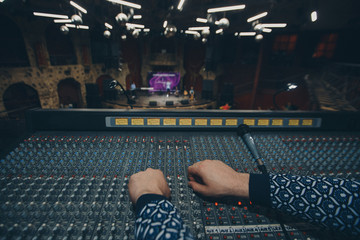 Remote recordists closeup. Electric machine on table for working of sound designer or club dj at...