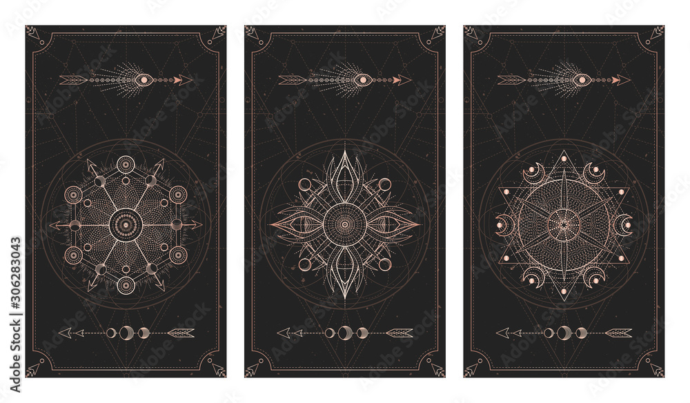 Wall mural vector set of three dark backgrounds with sacred symbols, grunge textures and frames. illustration i