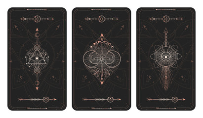 Vector set of three dark backgrounds with sacred symbols, grunge textures and frames. Illustration in black and gold colors.